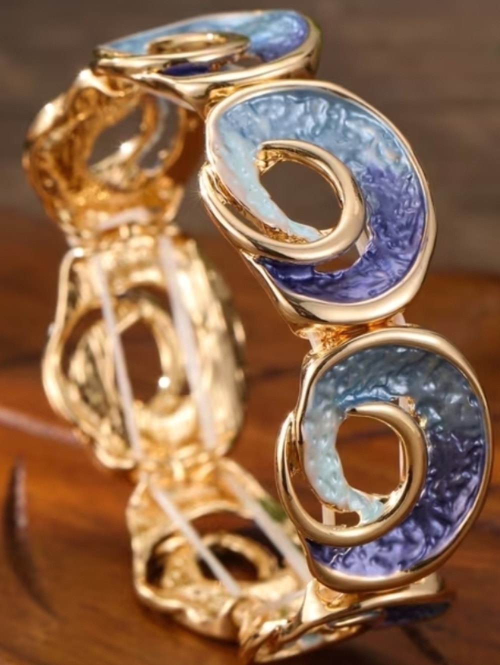 Stretchy Gold-Tone Bracelet with Blue and Purple Enamel Accents New, No Tarnish
